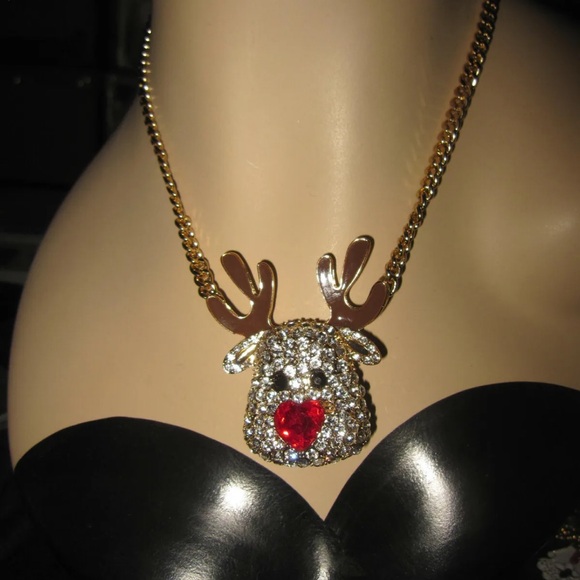 Betsey Johnson NWT Sparkling Pave Crystals RedNosed Reindeer NecklaceGold Chain - Picture 2 of 9